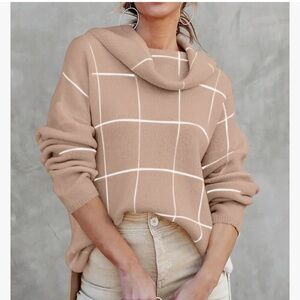 NWOT Plaid Khaki Knit Turtleneck Sweater Cowl Neck Pullover